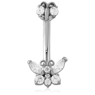 316L SURGICAL STEEL NAVEL BANANA FILIGREE MARQUISE AND ROUND CLUSTER GEMS