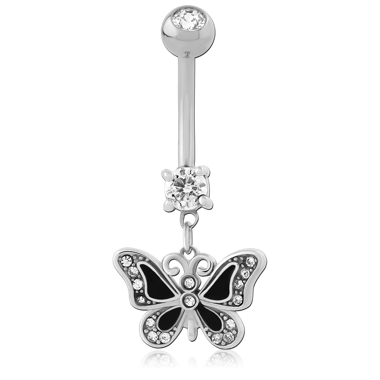 SURGICAL STEEL NAVEL BANANA WITH BLACK ENAMEL BUTTERFLY AND GEM DANGLE