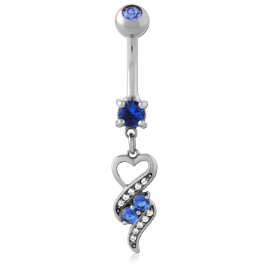 SURGICAL STEEL NAVEL BANANA WITH BLUE GEM HEART SWIRL DANGLE