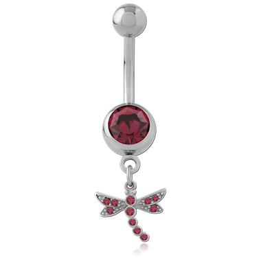 SURGICAL STEEL NAVEL BANANA JEWELED TOP WITH DRAGONFLY DANGLE CHARM RED GEMS