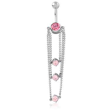 SURGICAL STEEL NAVEL BANANA PINK GEMS WITH MULTI CHAIN DANGLE