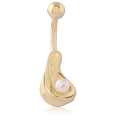 GOLD PVD COATED SURGICAL STEEL NAVEL BANANA ABSTRACT SWIRL WITH PEARL