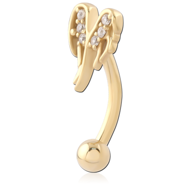 GOLD PVD 18K COATED SURGICAL STEEL CURVED BARBELL ANGEL WINGS GEMS