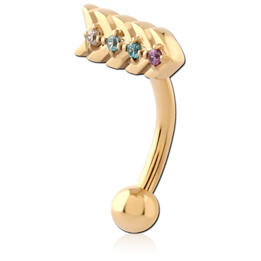 316L GOLD PVD 18K COATED SURGICAL STEEL CURVED MICRO BARBELL FOUR GEM CLUSTER