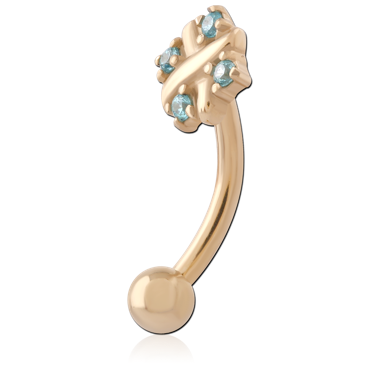 316L GOLD PVD 18K COATED SURGICAL STEEL CURVED MICRO BARBELL CRISSCROSS FOUR GEM