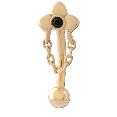 GOLD PVD 18K COATED SURGICAL STEEL CURVED MICRO BARBELL FLOWER BLACK GEM WITH CHAIN