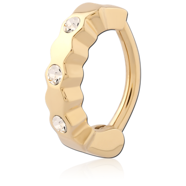 18K GOLD PVD COATED 316L SURGICAL STEEL BELLY CLICKER SCALLOPED BAND TRIPLE GEMS