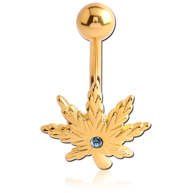 GOLD PVD COATED BRASS JEWELED NAVEL BANANA - MARIJUANA LEAF