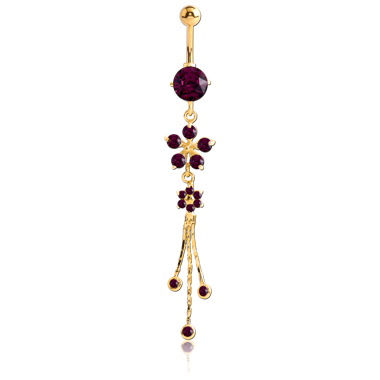 GOLD PVD COATED BRASS JEWELED NAVEL BANANA WITH DANGLING CHARM - FLOWERS