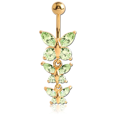 GOLD PVD COATED BRASS JEWELED BUTTERFLY NAVEL BANANA WITH DANGLING CHARM - BUTTERFLY