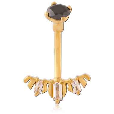 316L GOLD PVD COATED SURGICAL STEEL NAVEL BANANA BLACK GEM TOP WITH BAGUETTE GEM FAN