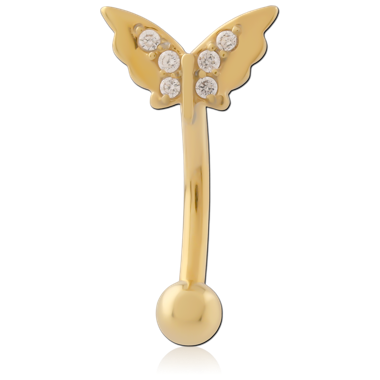GOLD PVD COATED 316L SURGICAL STEEL CURVED MICRO BARBELL BUTTERFLY WINGS PAVE GEMS