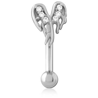 316L SURGICAL STEEL CURVED MICRO BARBELL ANGEL WINGS TOP CLEAR GEMS