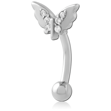 316L SURGICAL STEEL CURVED MICRO BARBELL BUTTERFLY WINGS CLEAR GEMS