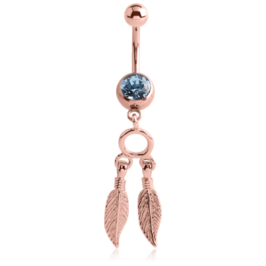 ROSE GOLD PVD COATED SURGICAL STEEL JEWELED NAVEL BANANA WITH DANGLING CHARM - FEATHER