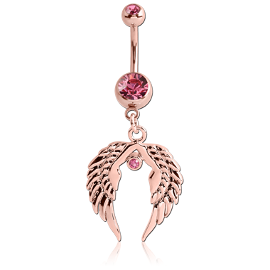 ROSE GOLD PVD COATED BRASS DOUBLE JEWELED NAVEL BANANA WITH WINGS CHARM