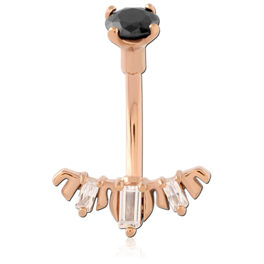 316L ROSE GOLD PVD COATED SURGICAL STEEL NAVEL BANANA BLACK GEM TOP WITH BAGUETTE GEM FAN