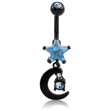 STERILE BLACK PVD COATED DOUBLE JEWELED STAR FASHION NAVEL BANANA WITH MOON CHARM