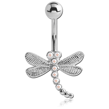 STERILE RHODIUM PLATED BRASS JEWELED NAVEL BANANA - DRAGONFLY
