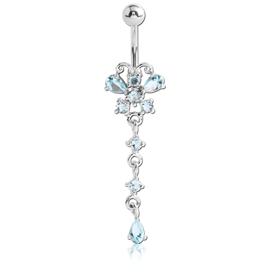 STERILE RHODIUM PLATED BRASS JEWELED BUTTERFLY NAVEL BANANA WITH DANGLING CHARM - PEAR