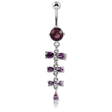 STERILE RHODIUM PLATED BRASS JEWELED NAVEL BANANA WITH DANGLING CHARM - THREE BOWS
