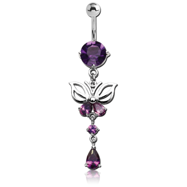 STERILE RHODIUM PLATED BRASS JEWELED NAVEL BANANA WITH DANGLING CHARM - BUTTERFLY