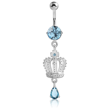STERILE RHODIUM PLATED BRASS JEWELED NAVEL BANANA WITH DANGLING CHARM - CROWN