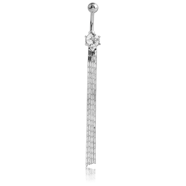 STERILE RHODIUM PLATED BRASS JEWELED NAVEL BANANA WITH DANGLING CHAINS