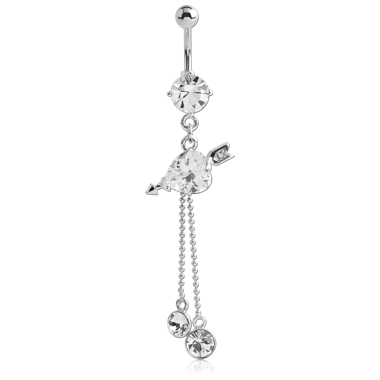 STERILE RHODIUM PLATED BRASS JEWELED NAVEL BANANA WITH DANGLING CHARM - HEART