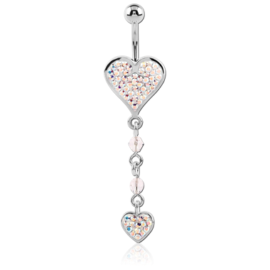 STERILE RHODIUM PLATED BRASS CRYSTALINE JEWELED HEART NAVEL BANANA WITH DANGLING CHARM - HEART