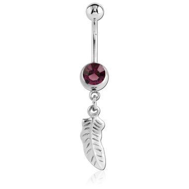 STERILE RHODIUM PLATED BRASS JEWELED NAVEL BANANA WITH DANGLING CHARM - FEATHER