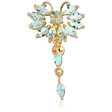 STERILE GOLD PVD COATED BRASS JEWELED BUTTERFLY REVERSE NAVEL BANANA WITH DANGLING CHARM - PEAR
