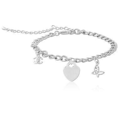 316L SURGICAL STEEL BRACELET WITH HEART, BUTTERFLY AND DOUBLE C CHARMS