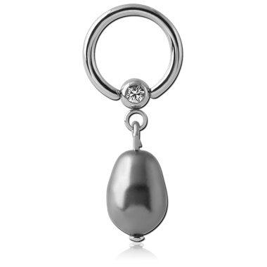 SURGICAL STEEL JEWELED BALL CLOSURE RING WITH SYNTHETIC PEARL CHARM