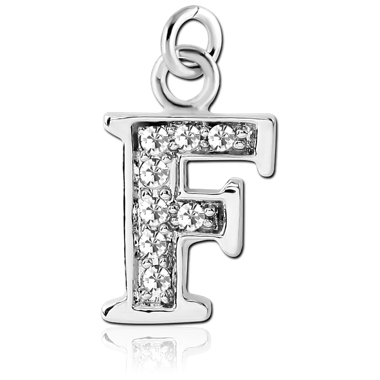 RHODIUM PLATED BRASS JEWELED LETTER CHARM - F
