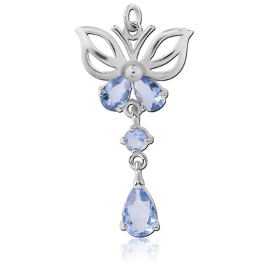 RHODIUM PLATED BRASS JEWELED CHARM - BUTTERFLY WITH DANGLING TEAR DROP