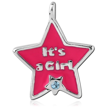 RHODIUM PLATED BRASS JEWELED CHARM WITH ENAMEL - ITS A GIRL