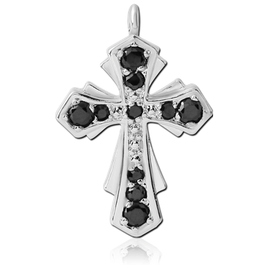 RHODIUM PLATED BRASS JEWELED CHARM - CROSS