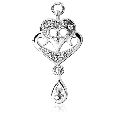 RHODIUM PLATED BRASS JEWELED CHARM - HEART WITH DANGLING TEAR