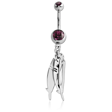 SURGICAL STEEL DOUBLE JEWELED NAVEL BANANA WITH FEATHER SHADOW CHARM