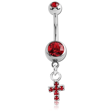 SURGICAL STEEL DOUBLE JEWELED NAVEL BANANA WITH CROSS CHARM