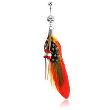 SURGICAL STEEL JEWELED NAVEL BANANA WITH FEATHER BEAD CHARM