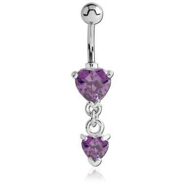 RHODIUM PLATED BRASS JEWELED HEART NAVEL BANANA WITH DANGLING CHARM - HEART