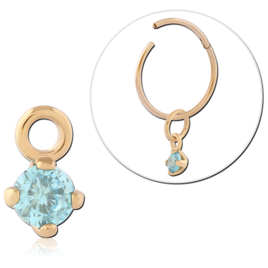 GOLD PVD 18K COATED SURGICAL STEEL CHARM PRONG SET BLUE ROUND GEM
