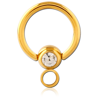 GOLD PVD COATED SURGICAL STEEL SWAROVSKI CRYSTAL JEWELED BALL CLOSURE RING WITH HORIZONTAL HOOP