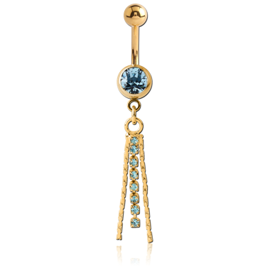 GOLD PVD COATED SURGICAL STEEL JEWELED NAVEL BANANA WITH JEWELED DANGLE CHARM