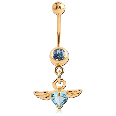 GOLD PVD COATED SURGICAL STEEL JEWELED MINI NAVEL BANANA WITH WINGS HEART CHARM