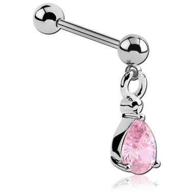 SURGICAL STEEL MICRO BARBELL WITH PRONG SET TEAR DROP JEWEL CHARM