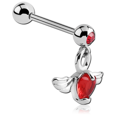 SURGICAL STEEL JEWELED MICRO BARBELL WITH WINGED HEART CHARM