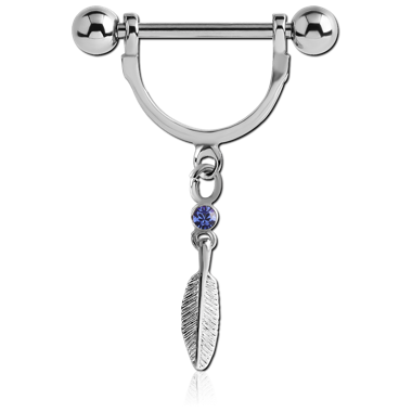 SURGICAL STEEL NIPPLE STIRRUP WITH JEWELED FEATHER CHARM